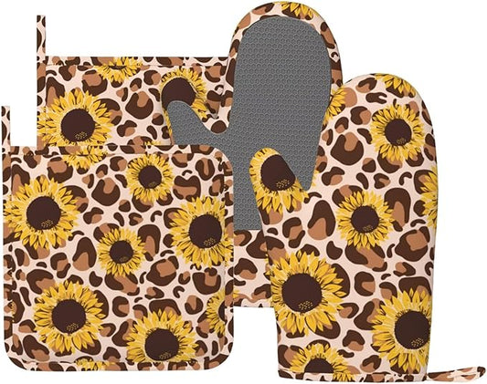 Sunflowers Leopard Print Oven Mitts and Pot Holders Set of 4 Silicone Kitchen Mitten Gloves and Non-Slip Sunflower Leopard Print Potholders Set Heat Resistant Oven Gloves Hot Holders for BBQ