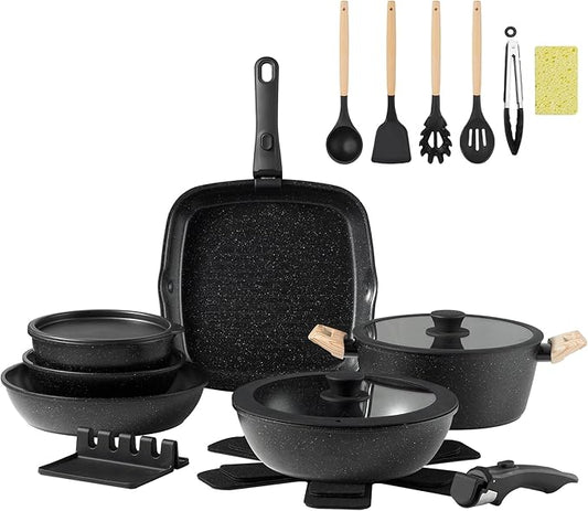 23PCS Ceramic Nonstick Cookware Set, Nonstick Detachable Handle Ceramic Cookware, Induction Kitchen Cooking Set with Removable Handle,include Frying Pans & Saucepans Oven Safe(Black)