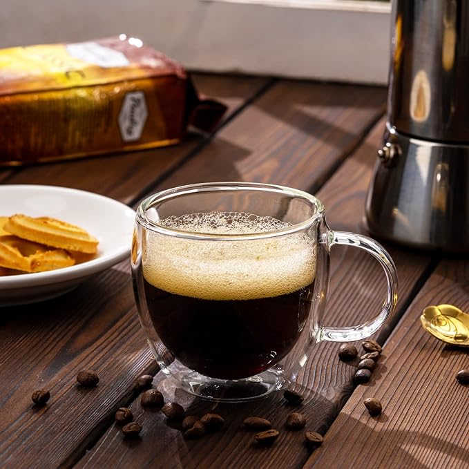 Double Wall Glass Espresso Cups 5oz/150ml, A set of 2, Thermo Insulated Borosilicate Glass Cups with Handle