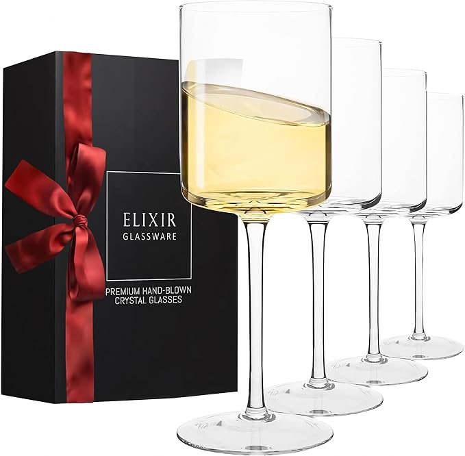 Square Wine Glasses Set of 4 - 14 oz - Crystal Wine Glass Set in Gift Packaging - Large Red Wine Glass on Long Stem - Housewarming Gifts New Home - Glasses Drinking Set - For White & Red Wine