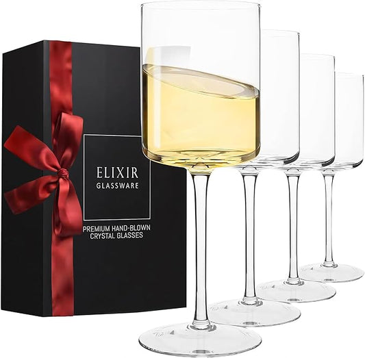 Square Wine Glasses Set of 4 - 14 oz - Crystal Wine Glass Set in Gift Packaging - Large Red Wine Glass on Long Stem - Housewarming Gifts New Home - Glasses Drinking Set - For White & Red Wine
