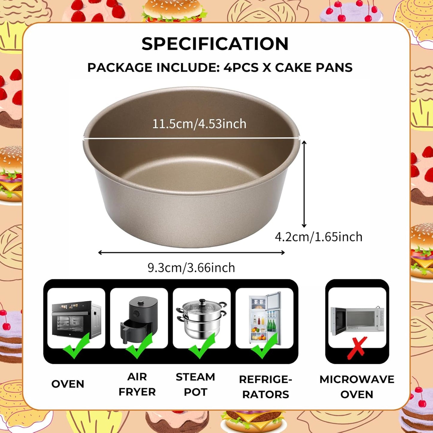 beyonday 4pcs Mini Bread Hamburger Bun Molds, 4 inch Round Carbon Steel Bread Cake Trays Non-stick Muffin Cheesecake Baking Mold for Birthday Party Wedding Anniversary Kitchen Bakeware