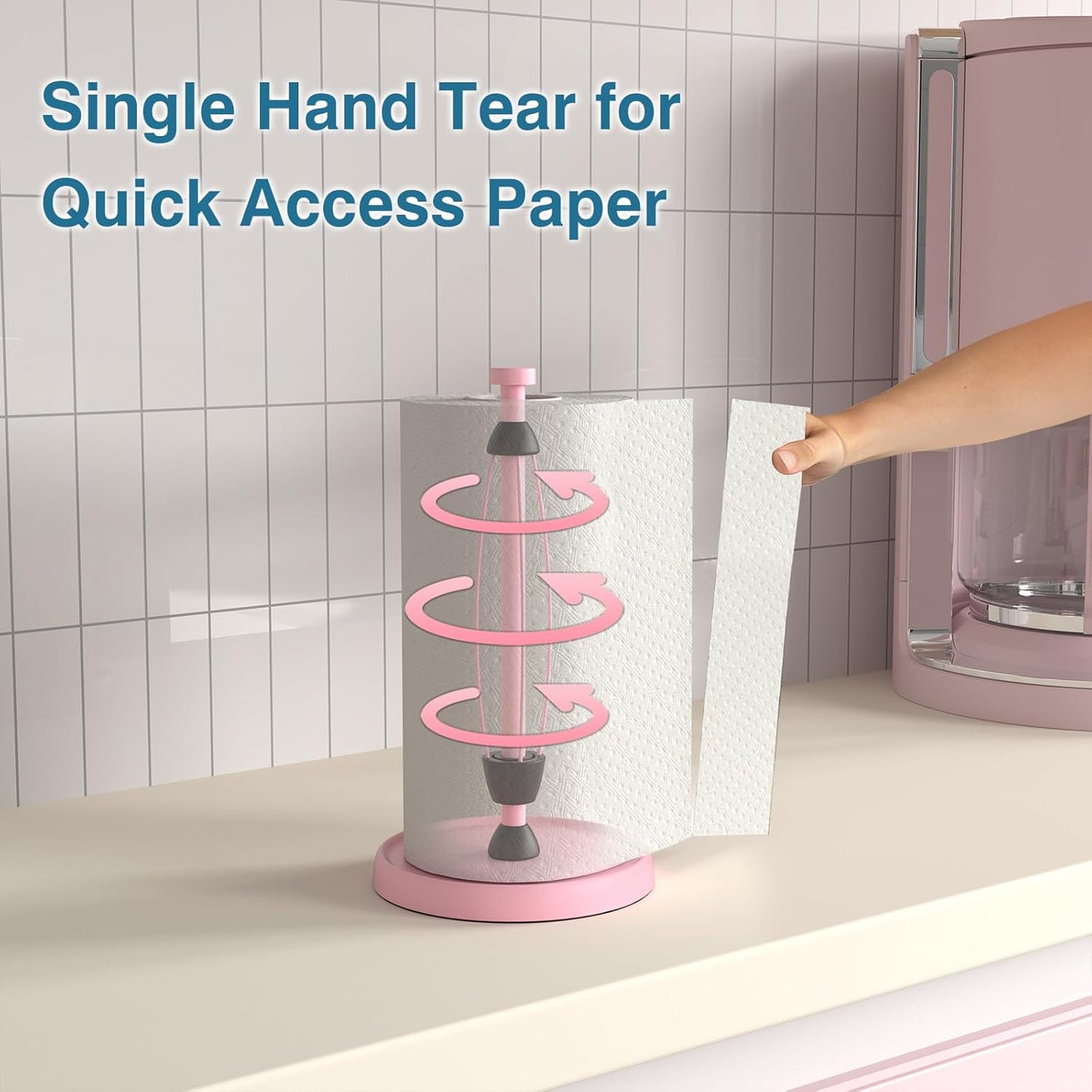 Pink Paper Towel Holder Countertop, Pink Kitchen Accessories Decor, Stainless Steel, Weighted Base, Paper Towel Roll Holder Stand with Ratchet Mechanism for Kitchen Bathroom Farmhouse Essentials
