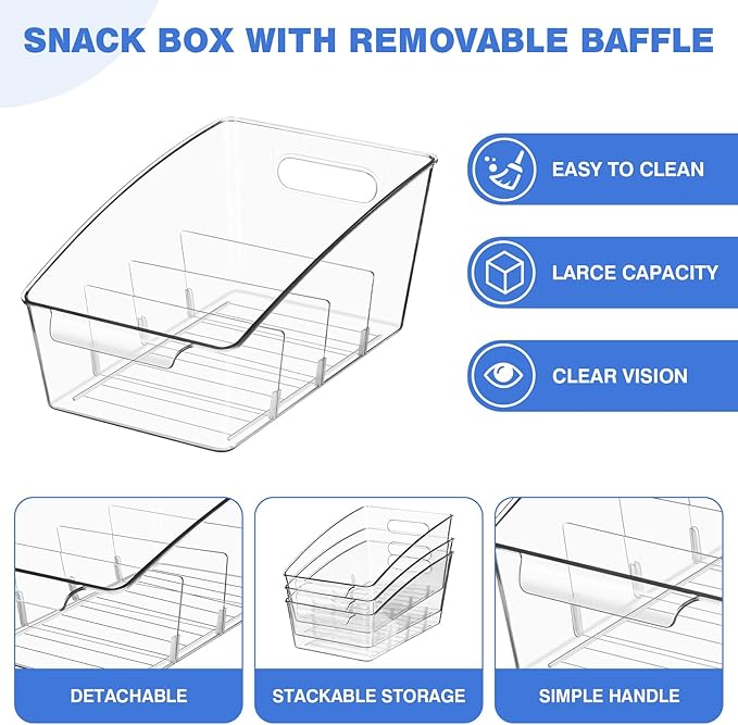 2 Pack Clear Pantry Organizer Storage Bins Removable Snack Organizer Plastic Cabinet Organizers Racks with 3 Dividers, Refrigerator Bins, Kitchen Organization Kitchen Storage