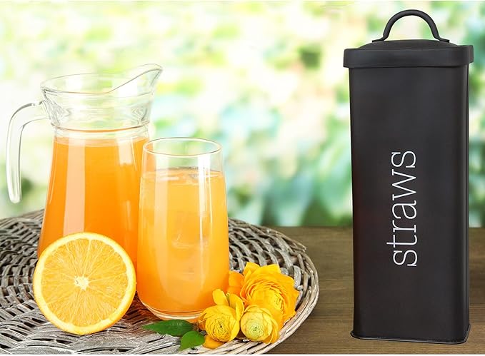 AuldHome Design Farmhouse Enamelware Straw Holder (Black); Retro Metal Straw Storage Canister