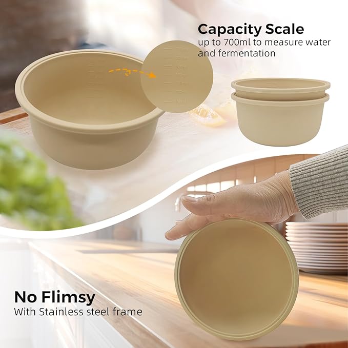 4Pcs Stackable Silicone Pizza Dough Proofing Containers with Lids,Pizza Dough Proofing Box | Make 12" Pizzas 700ml(4Pcs Beige)