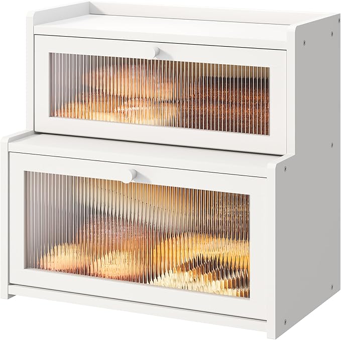 FILWH Bread Box for Kitchen Countertop Double Layer Large Corner Bread Box Capacity Bread Storage Bin Farmhouse Breadbox Container Organizer Cabinet Cupboard (White)