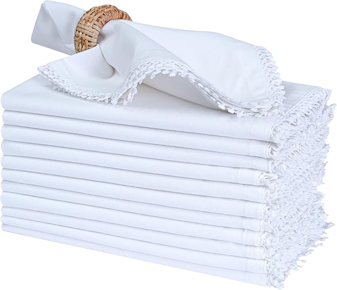 Bedding Craft Cotton Cloth Dinner Napkins Set of 12 – 18x18 Smart White with Decorative Lace Selvedge – Elegant Machine Washable Fabric Napkins for Weddings, Parties, Baby Showers & Table Décor