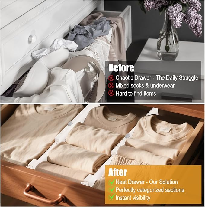 4 Pack 4" High Drawer Dividers, 11"-17" Expandable Drawer Organizer For Clothes, Dresser Drawer Organizer, Drawer Separators for Baby Clothes, Vanity, Kitchen and Office Storage, Warm White