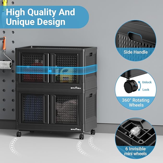 BROVIEW 400Qt Stackable Storage Bins with Lids, 100Gal Closet Organizers and Storage Drawer, Plastic Collapsible Storage Bins with Doors, Heavy Duty Store Box Cabinet for Home Kitchen, 4Pack Black