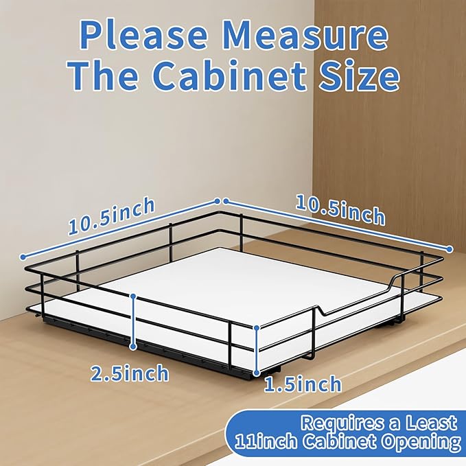 Pull Out Spice Rack, Slide Out Spice Rack for Cabinet, Spice Organizer for Kitchen and Pantry, Fits Spices, Sauces, Canned Food (10.5''Wx10.5''Dx2.5''H)