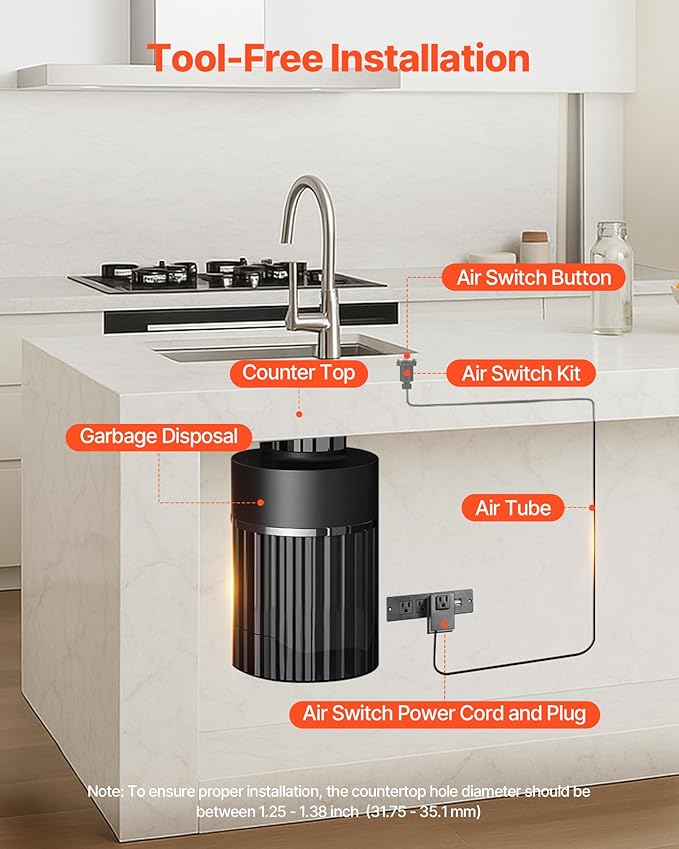 VEVOR Garbage Disposal Air Switch Kit, 3.5" Long Sink Top Air Switch for Food Waste Disposal, Brushed Silver Stainless Steel ON/OFF Air Push Button for Granite, Marble, and Quartz Countertops