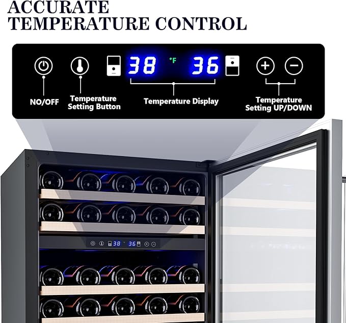 52 Bottle Wine Fridge with Lock, 24 Inch Wine Refrigerator for Red, White, Champagne, Beer, Dual Temperature Zone, Built-In or Freestanding, Wood Shelves, Stainless Steel Glass Door