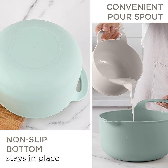 COOK WITH COLOR Nesting Plastic Mixing Bowl Set with Pour Spouts and Handles, Mint, 6 Piece Non-Slip