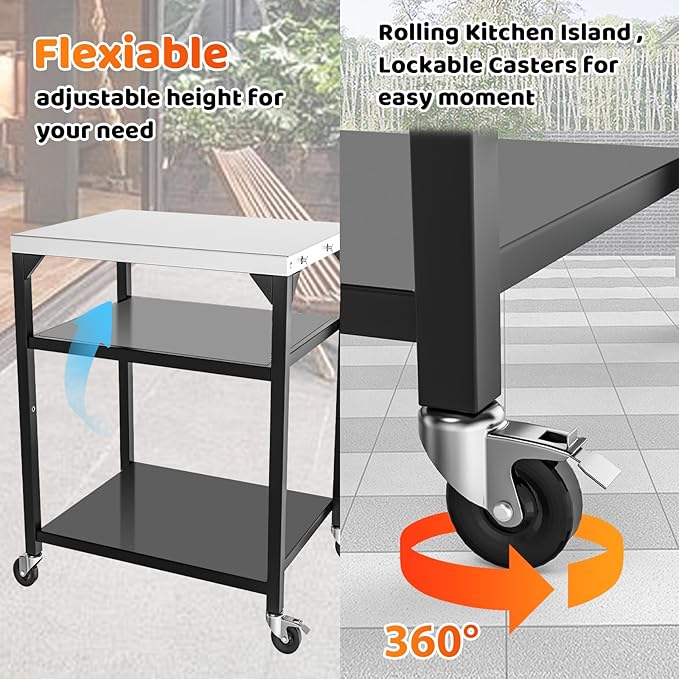 Pizza Oven Table for Ooni, Ninja, Woodfire, Blackstone, Bighorn, Cuisinart, Outdoor Grill Table for Ooni Pizza Oven Accessories, Movable Pizza Oven Stand as Food Prep Cart