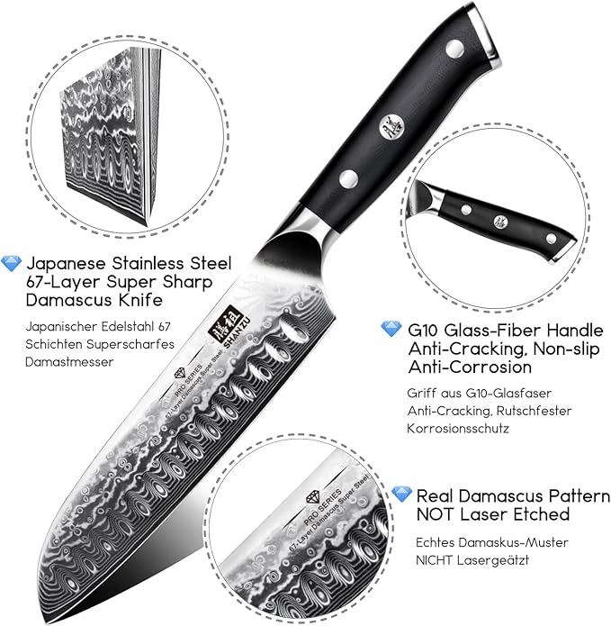 SHAN ZU Chef Knife, Kitchen Knife Santoku Chef's Knife 7 Inch Multifunction Kitchen Knives Damascus Stainless Steel & Ergonomic Fiberglass G10 Handle Best Sharp High-Carbon Knives