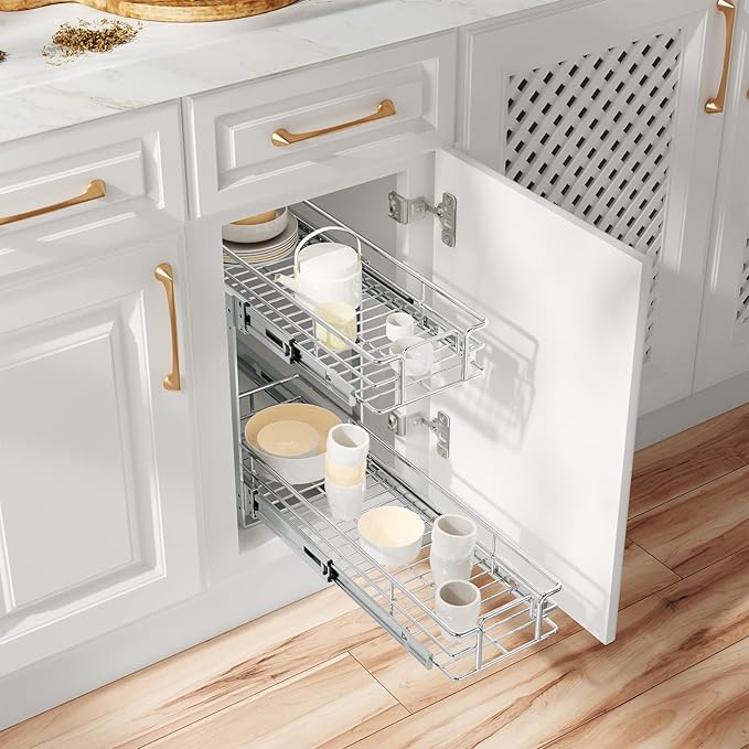 ROOMTEC Individual Pull Out Cabinet Organizer (7½"W x 21½"D), 2 Tier Spice Rack Organizer for Cabinet, Slide Out Drawer Pantry Shelf Organization and Storage for Kitchen Bathroom