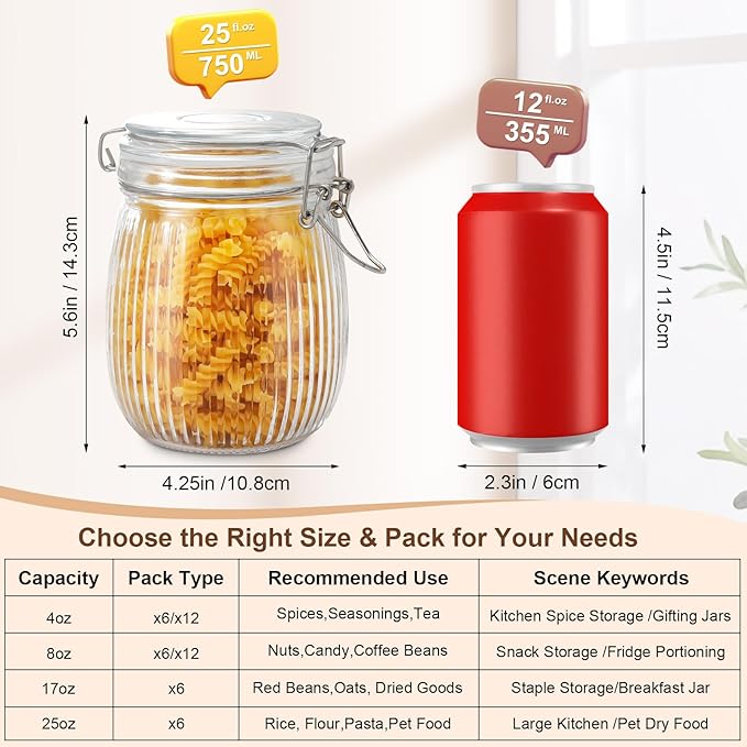 25oz Airtight Glass Jars with Lids, Set of 6 Food Storage Containers & Canisters, Clear Mason Jars with Clamp Seal for Canning, Cereal, Coffee, Pasta, Sugar, Beans & Spices