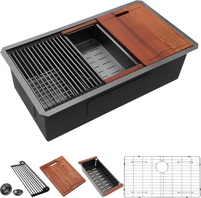 Lordear 33 Inch Black Undermount Kitchen Sink Workstation 16 Gauge Stainless Steel Deep Single Bowl Basin with Built-in Accessories,33“x19"x10" Gunmetal Black Sinks
