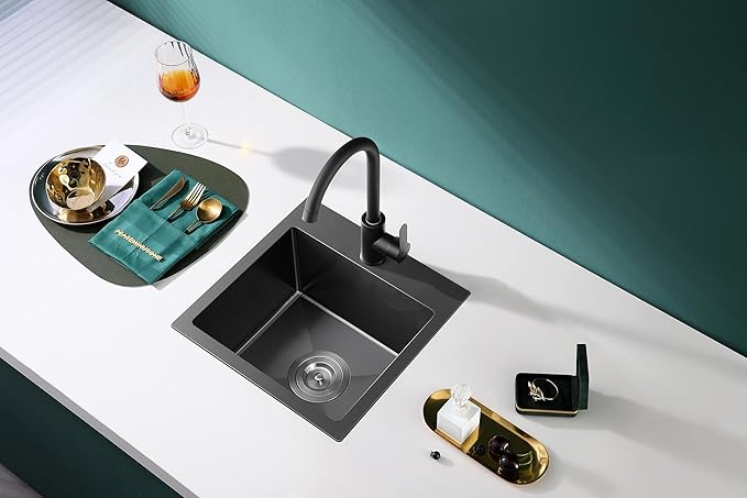 15 inch Drop in Bar Sink Black, Small Topmount Kitchen Sink Single Bowl, Handmade T-304 Stainless Steel Overmount Kitchen Bar Sink with Basket Strainer