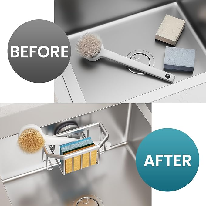TAILI Sponge Holder for Kitchen Sink with Strong Suction Cup Removable, Rustproof Aluminum Sink Caddy for Sponge, Brush, Scrubber, Scraper -Silver
