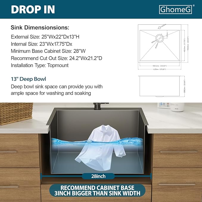 25 Inch Deep Drop In Laundry Sink - Ghomeg 25x22x13 Inch Black Laundry Utility Sink Drop In Topmount Single Bowl 16 Gauge Stainless Steel Above Counter Kitchen Laundry Room Sinks