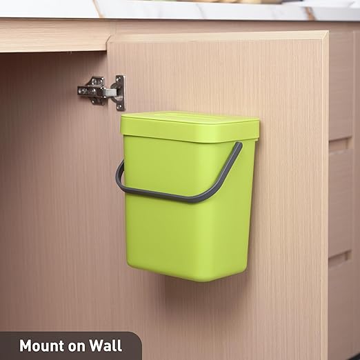 EKO Puro Mini Wall-Mounted Kitchen Trash Can with Lid Food Waste Caddy, 0.79 Gal / 3L (Green)