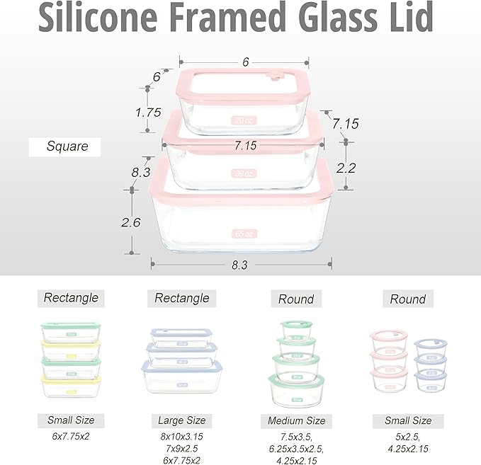 Urban Green Glass Food Container Set with Silicone Glass Lid, 3 Pack, Square Shape, Airtight, LeakProof, 100% Plastic Free, Meal Prep Food Storage Containers