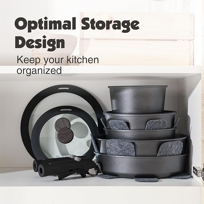 SENSARTE 17 Piece Pots and Pans Set, Nonstick Detachable Handle Cookware Set, Induction Kitchen Cookware Set with Removable Handle, Healthy Non Stick for RV, Dishwasher ＆ Oven Safe, PFOA Free (Black)