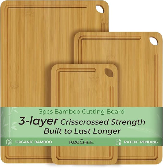 Wood Cutting Board for Kitchen - Reversible Bamboo Cutting Boards Gift Set of 3 with Juice Groove, Wooden Chopping Board for Meat, Fruit, Vegetables & Cheese (Pre Oiled, Natural)
