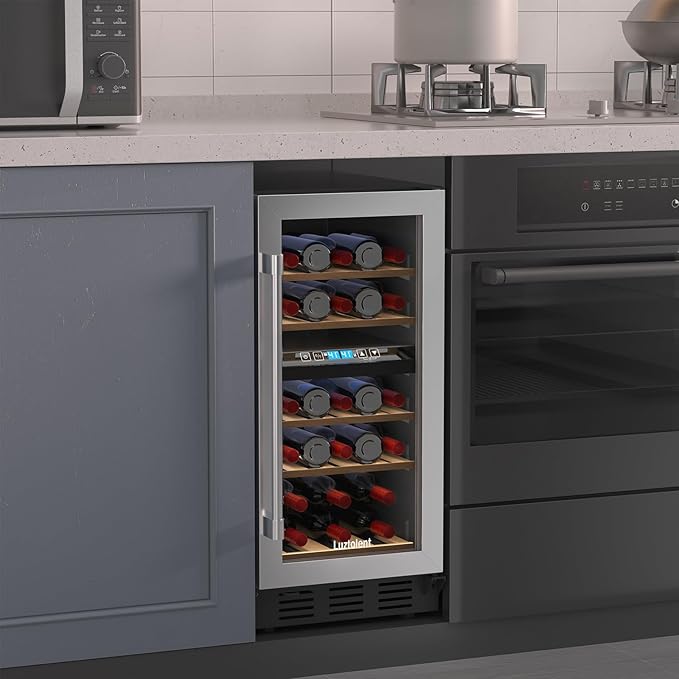 26 Bottles Wine Cellar, 15 Inch Compressor Wine Cooler with Dual Zone, Built-in or Under Counter, 41-64°F Digital Touchscreen, Triple-Layer Glass, Wine Fridge in Cabinet