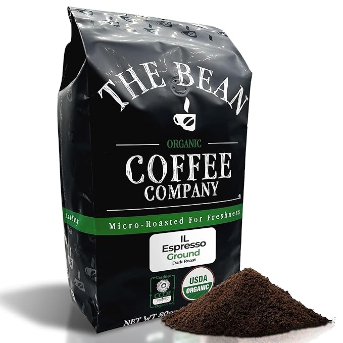 The Bean Organic Coffee Company Il Espresso, Classic Dark Roast, Ground Coffee, 5-Pound Bag, Café molido tostado orgánico