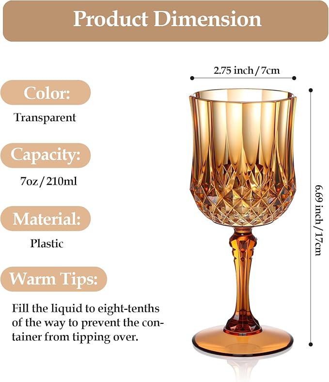XUWAIDSGN 7oz Plastic Vintage Wine Glasses Drinking Glasses Unbreakable Wedding Glassware Crystal Water Goblets Reusable Drinkware Vintage Champagne Flutes (24, Brown)