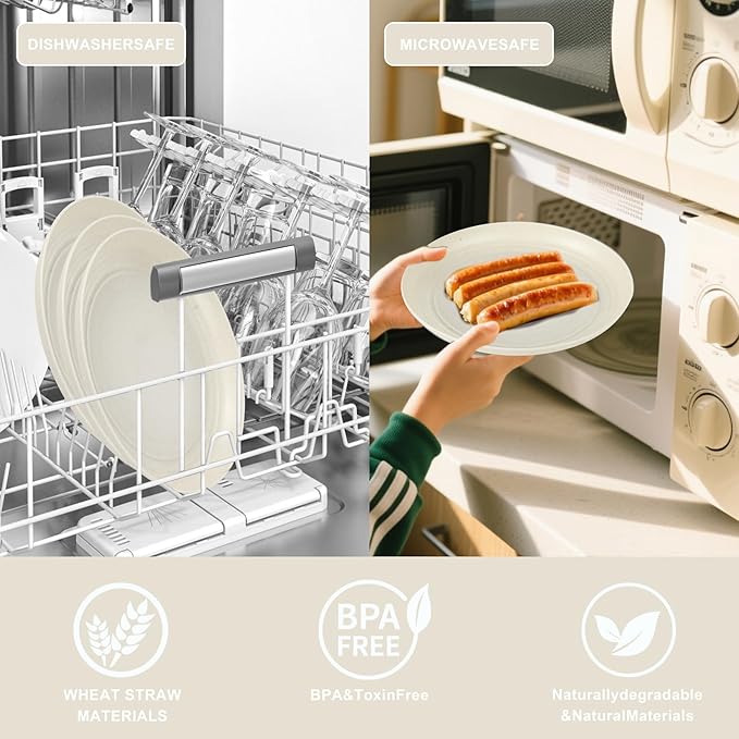 supernal 24pcs Wheat Straw Dinnerware,Unbreakable Dinner Plates Set,Microwave Dishwasher Safe,Beige Reusable Plates for Picnic,Birthday,Camping