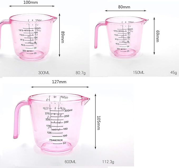 Plastic Measuring Cup Set, Kitchen Cooking and Baking Seasoning Liquid Measuring Cup, Multiple Scale Identification, with Handle and Triangle Mouth, 150ml, 300ml, 600ml, 3-piece Set (Pink)