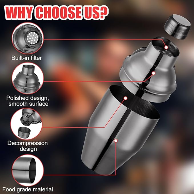 Nitial 6 Pcs Bar Cocktail Shaker Professional Stainless Steel Martini Drink Mixer Built-in Strainer for Bartending No Leaks Shaker for Bar Party Drink Mixer (Black,8 oz)