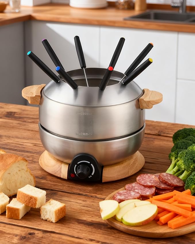 Sanenchue Fondue Pot, 6-Cup Electric Fondue Pot Set for Cheese & Chocolate, 8 Color-Coded Forks, Temperature Control, Stainless Steel Pot Set, Solid Wood Base and Handle, FD-24
