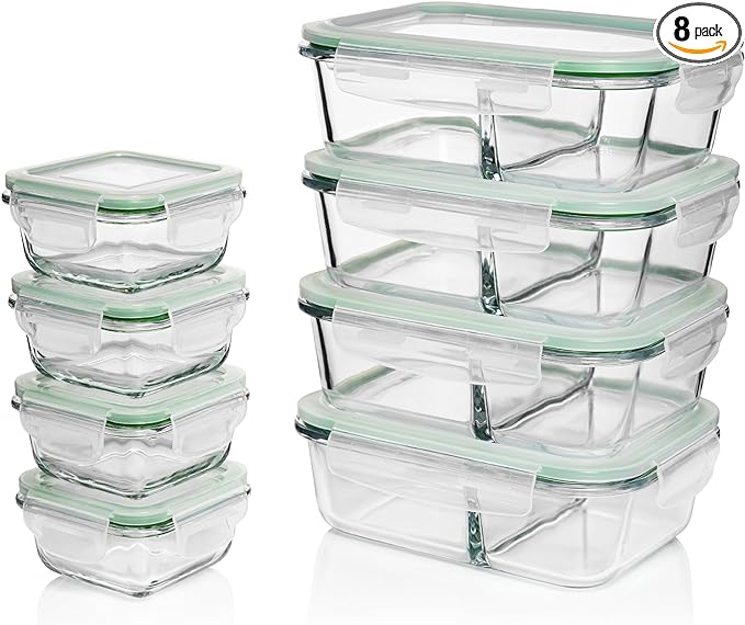 Fusion Gourmet Glass Meal Prep Containers with Lids [8 Pack, 33 oz & 4.5 oz] - 2 Compartment Divided Glass Bento Boxes for Adults, Oven Safe & Airtight
