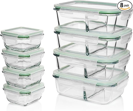 Fusion Gourmet Glass Meal Prep Containers with Lids [8 Pack, 33 oz & 4.5 oz] - 2 Compartment Divided Glass Bento Boxes for Adults, Oven Safe & Airtight