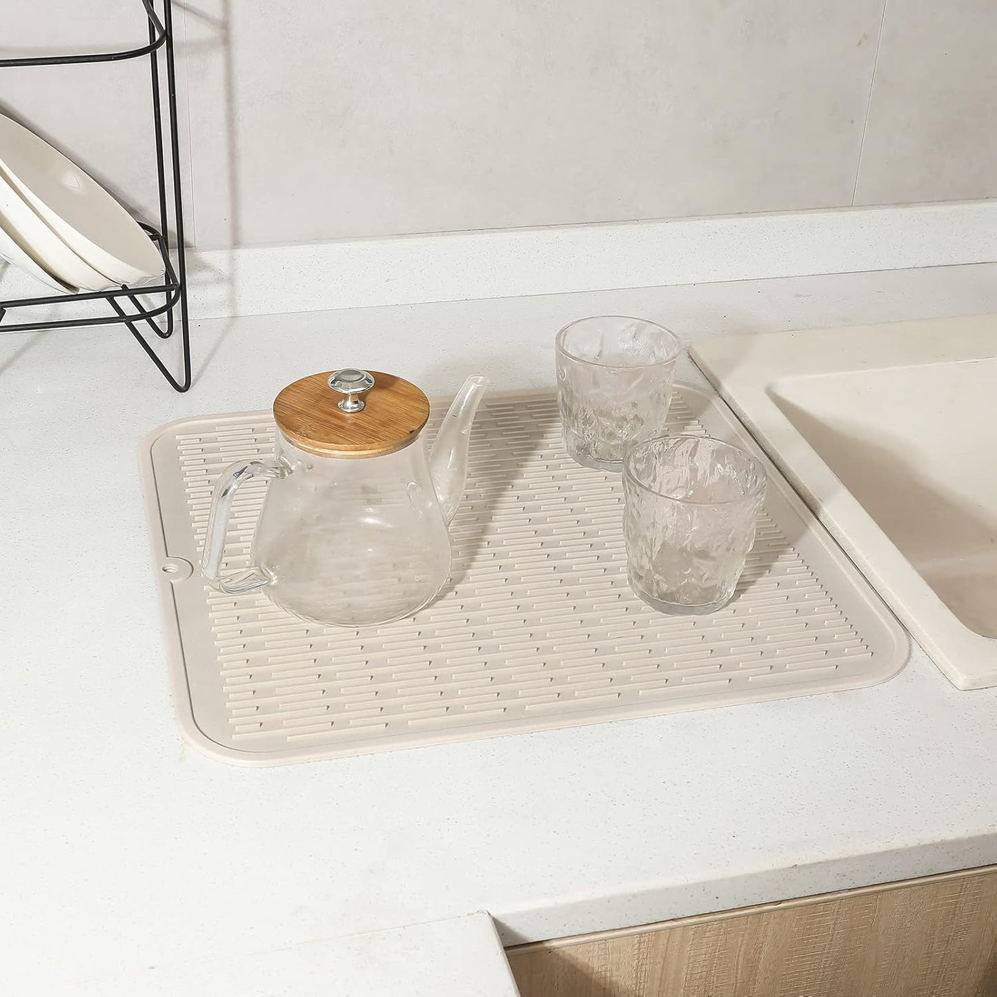 Silicone Dish Drying Mat for Multiple Usage,Easy clean,Eco-friendly,Heat-resistant Silicone Mat for Kitchen Counter or Sink,Refrigerator or Drawer Liner Tapioca 2XL 24 inches x 18 inches