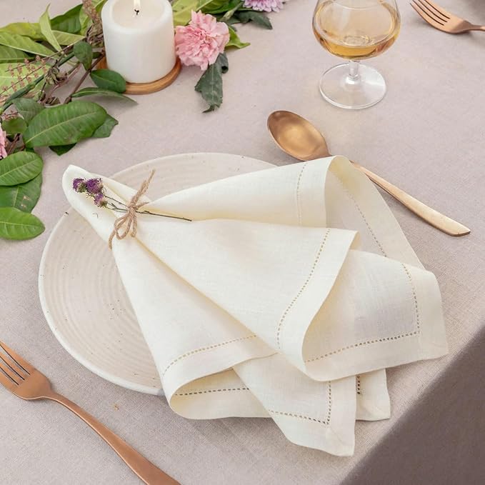 D'Moksha Homes Ivory Linen Napkins Set of 4 - Classic Hemstitch 100% Pure Linen Hemstitch Dinner Napkins 20 x 20 Inch for Fall, Thanksgiving, Christmas, Holiday - Handcrafted and Machine Washable