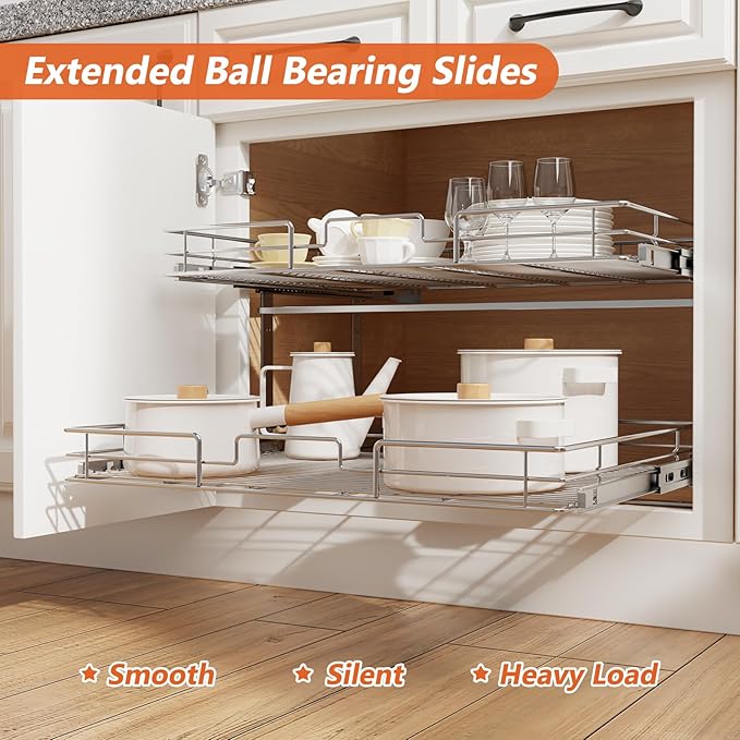 ROOMTEC Individual Pull Out Cabinet Organizer (31½" W x 21½" D), 2 Tier Spice Rack Organizer for Cabinet, Slide Out Drawer Pantry Shelf Organization and Storage for Kitchen Bathroom