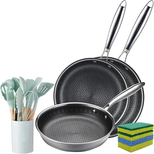 Vivicreate 19-Piece Tri-ply Stainless Steel Frying Pan Set Skillets cookware set with Kitchen Utensils 9.5 10.25 11.02 Inch Pan sets sartenes de acero inoxidable