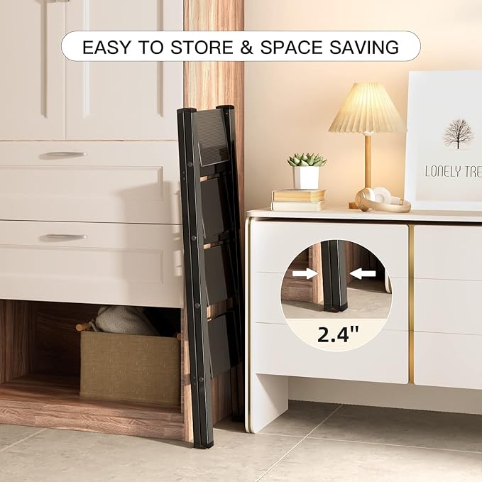 GameGem 4 Step Ladder Folding Step Stool with Anti-Slip Sturdy and Wide Pedal for Adults&Elderly, Aluminum Portable Lightweight Stepladder for Home Kitchen Office, Black, 330lbs