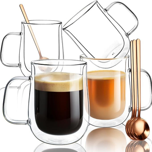 Double Walled Glass Coffee Mugs 16 OZ, Borosilicate Glass Coffee Cups Set of 4 with Spoons, Insulated Clear Coffee Mug for Hot Beverages, Cappuccino, Latte, Tea Bag.