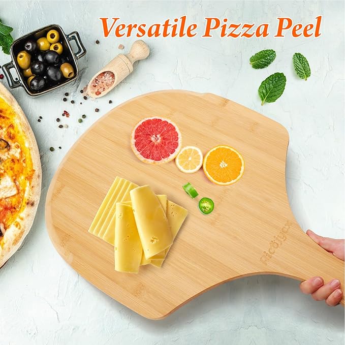 2 Pack Natural Bamboo Pizza Peel 16 inch, Wood Pizza Paddle, Cutting Board with Handle for Pizza, Bread, Cheese, Vegetable, Fruits