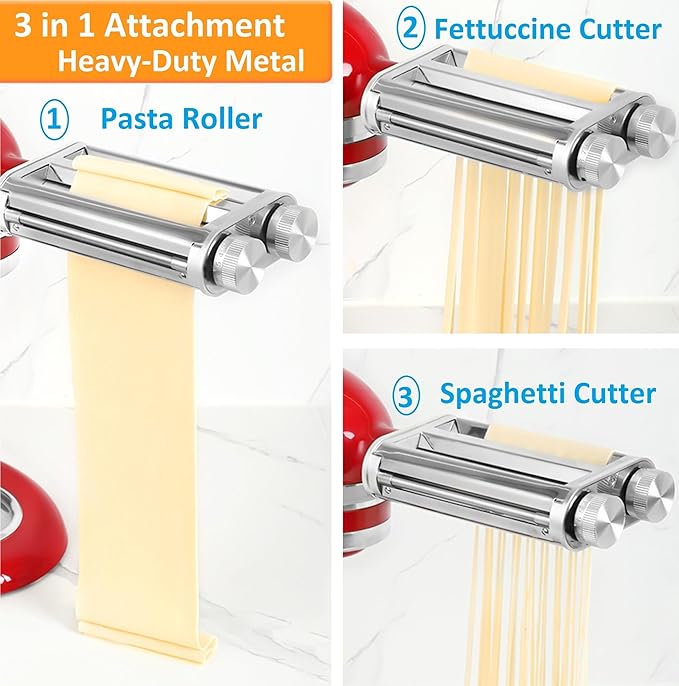 Pasta Maker Attachment for KitchenAid Mixers,3 in 1 Set Included Pasta Sheet Roller, Spaghetti and Fettuccine Cutter Accessories