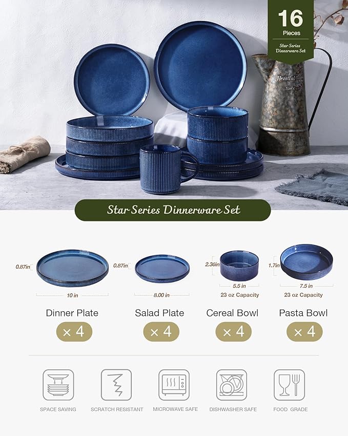 Famiware Star Dinnerware Set with Pasta Bowls, Service for 4 (16pcs), Ribbed Stoneware Plates and Double Bowls Dishes Sets - Chip & Scratch Resistant, Microwave & Dishwasher Safe, Nebulas Blue