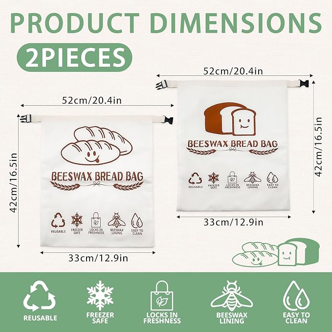 Beeswax Bead Bags, 2 Pack XL Reusable Bread Bags for Homemade Bread, Cute Design Linen Food Storage for Sourdough Homemade Loaf