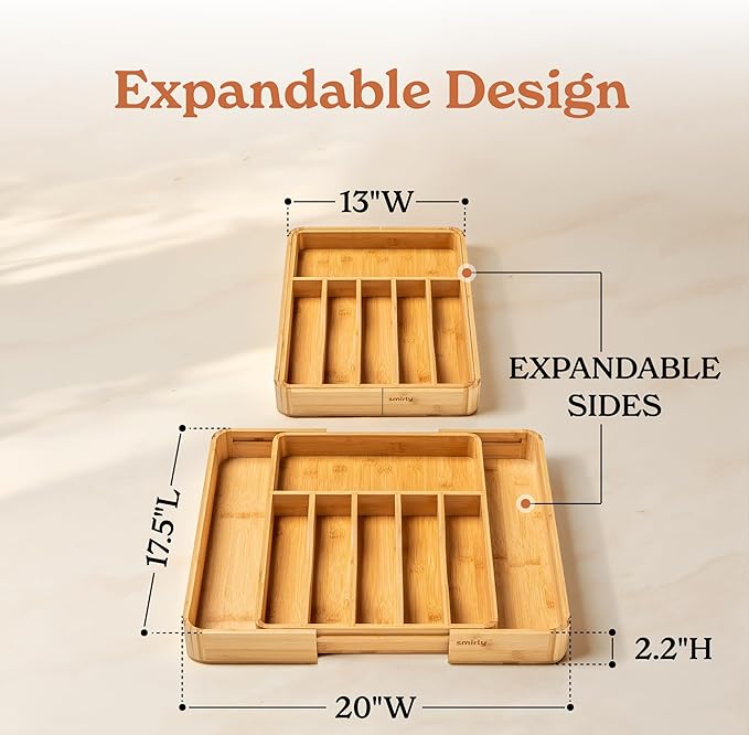 SMIRLY Silverware Drawer Organizer – Bamboo Kitchen Drawer Organizer, Adjustable Utensil Holder and Cutlery Tray, Drawer Dividers for Flatware and Kitchen Utensils